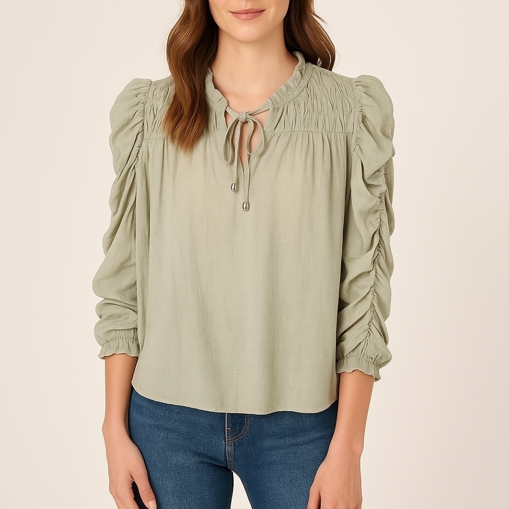 Moon River Green Ruched Sleeve Blouse with Smocked Details